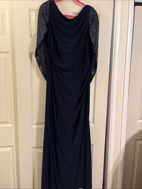 Oleg Cassini Navy Evening Gown with Sequin Long Sleeves